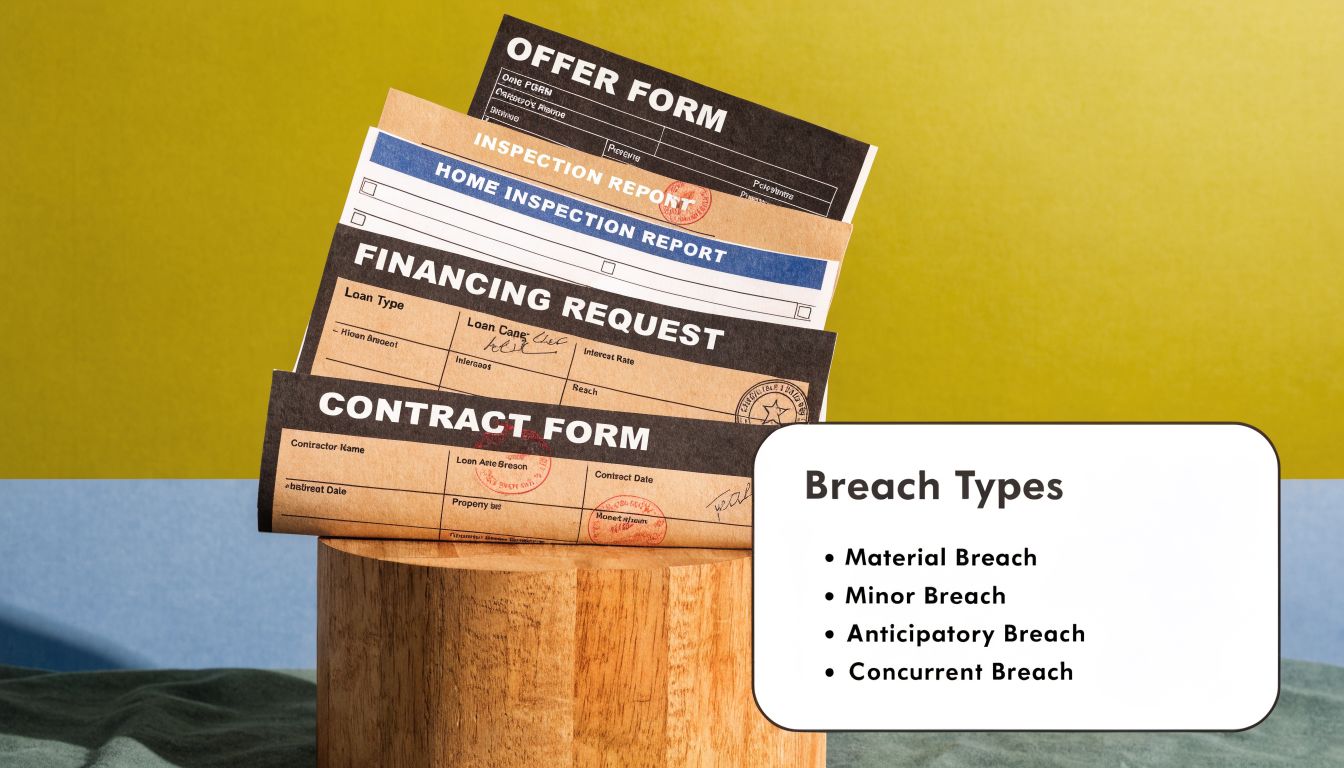 Stacked real estate documents including contracts and reports next to a list of contract breach types.