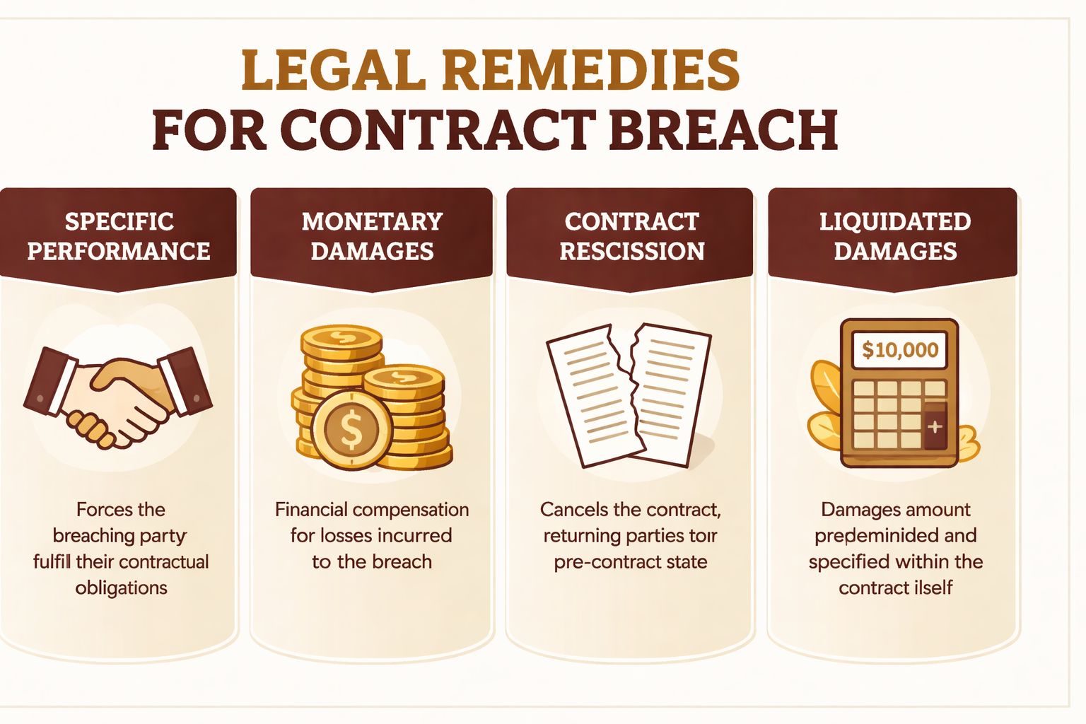 A visual guide outlining four legal remedies for contract breach: specific performance, monetary damages, rescission, and liquidated damages.