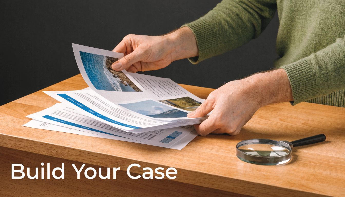 A person reviewing legal documents on a wooden desk with a magnifying glass to build a case.
