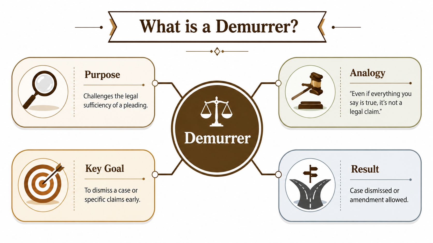 An infographic explaining a demurrer as a legal tool to challenge a pleading for insufficiency.