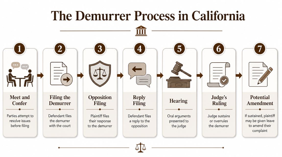 A flow chart outlining the seven-step legal process of filing a demurrer in California courts.