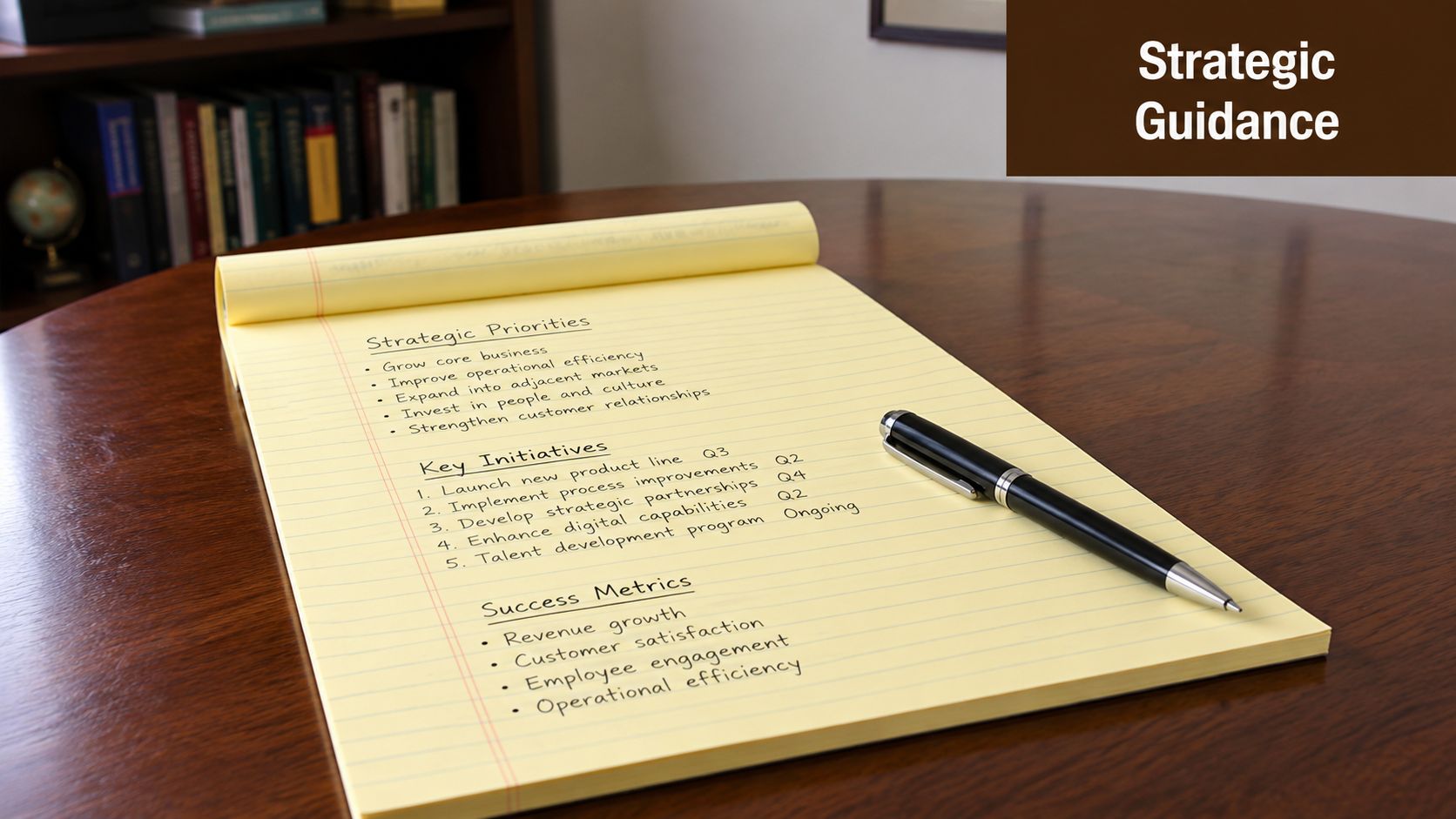 A yellow legal pad featuring a handwritten strategic plan with priorities, initiatives, and metrics on a desk.