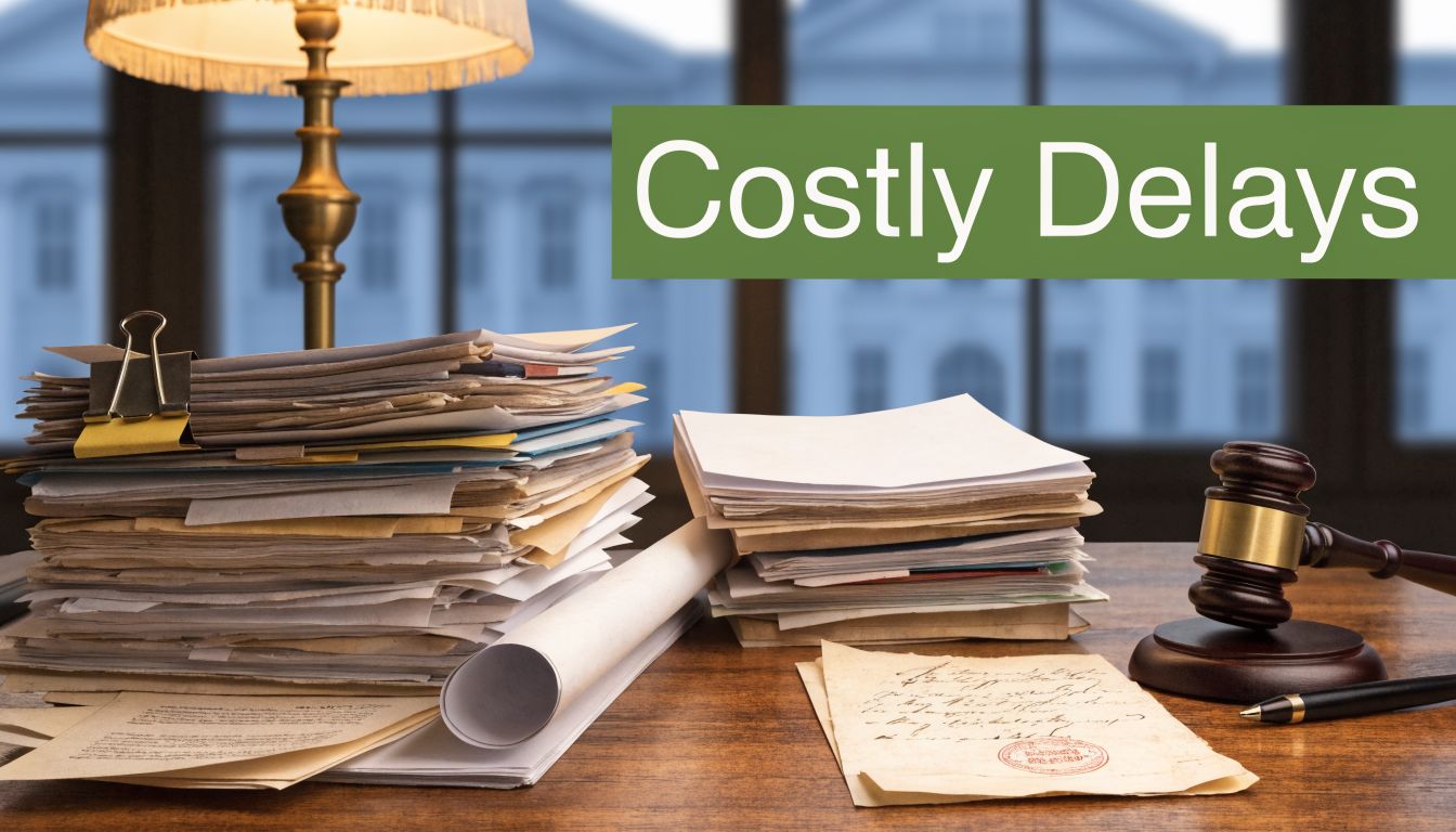 A stack of legal documents and a gavel on a desk representing delays in legal proceedings.