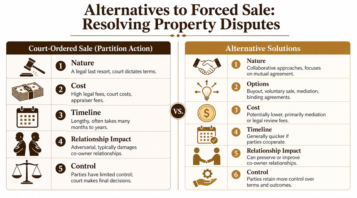 A comparison chart showing the differences between a court-ordered partition sale and alternative solutions for property disputes.