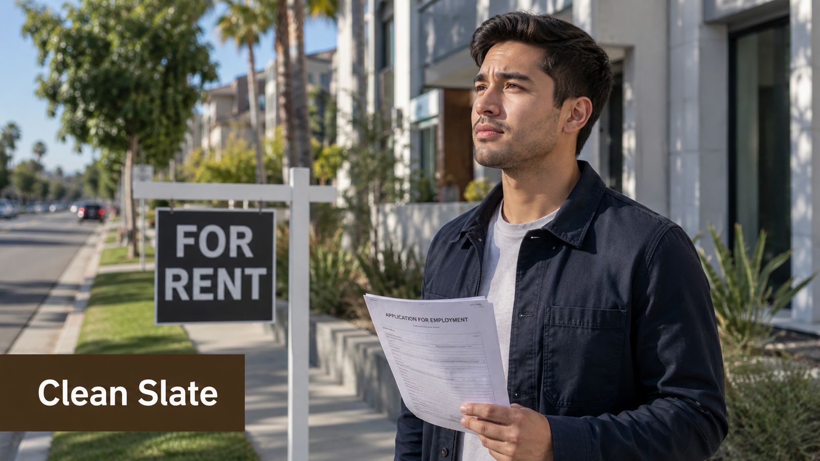 A young man holding an employment application in front of a for rent sign on a street.