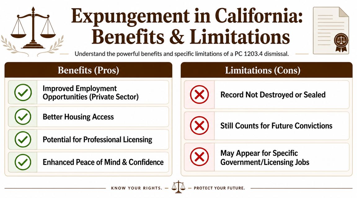 An infographic titled Expungement in California detailing the benefits and limitations of a PC 1203.4 dismissal.