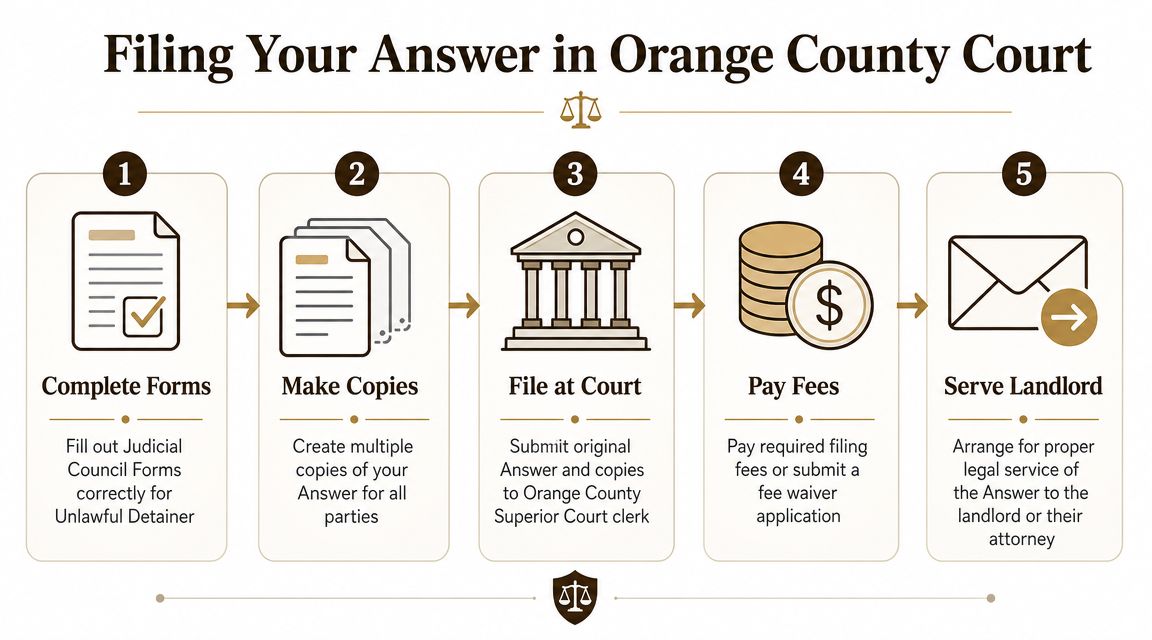 A five-step infographic showing the legal process for filing an Unlawful Detainer answer in Orange County court.