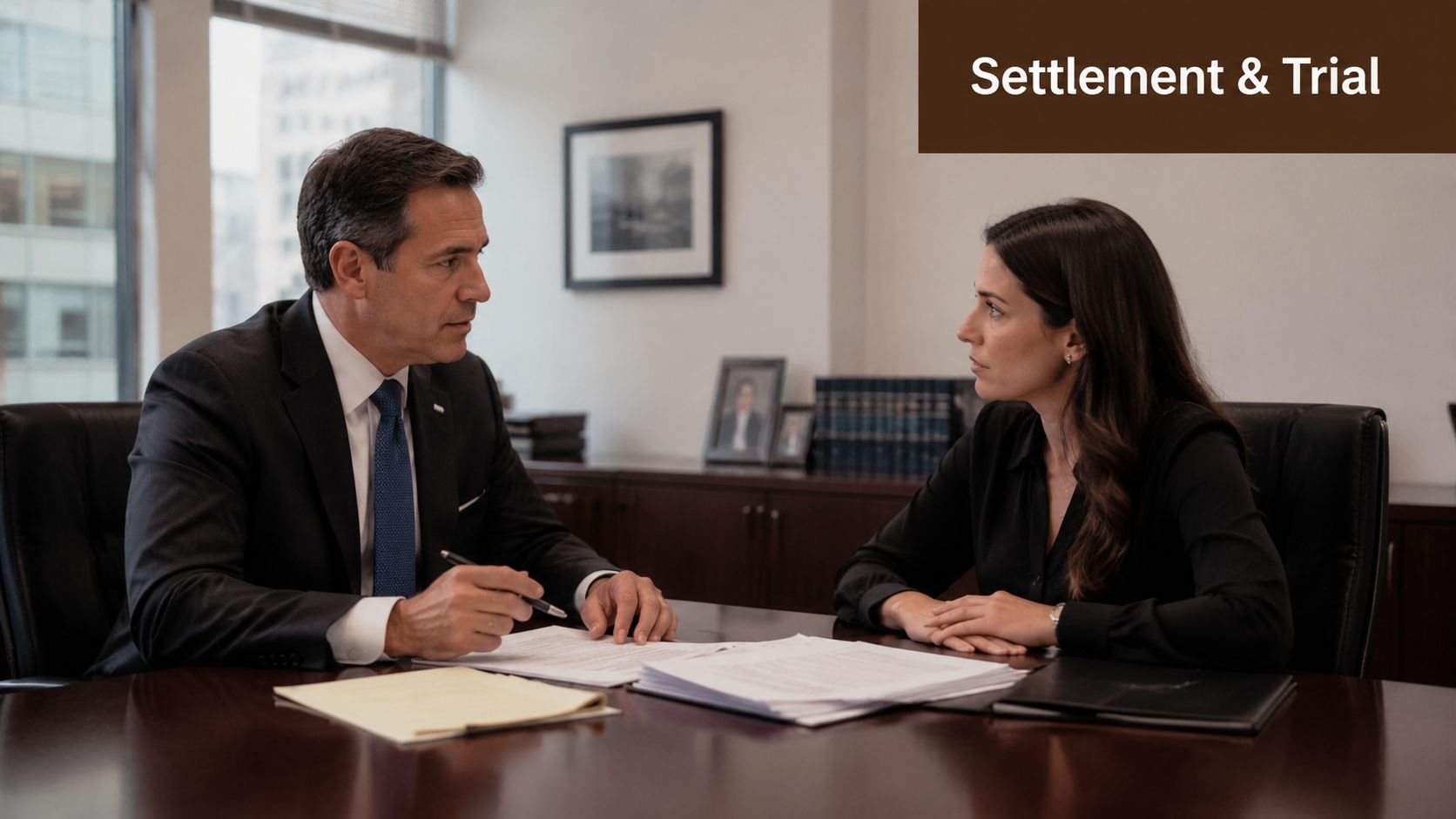 A professional man and woman in a boardroom reviewing legal documents during a business consultation.