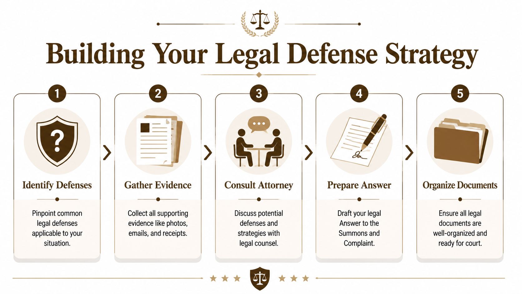 A five-step infographic illustrating how to build a legal defense strategy for a court case.