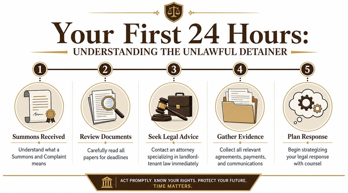 A five-step infographic guide detailing the essential actions to take after receiving an unlawful detainer summons.