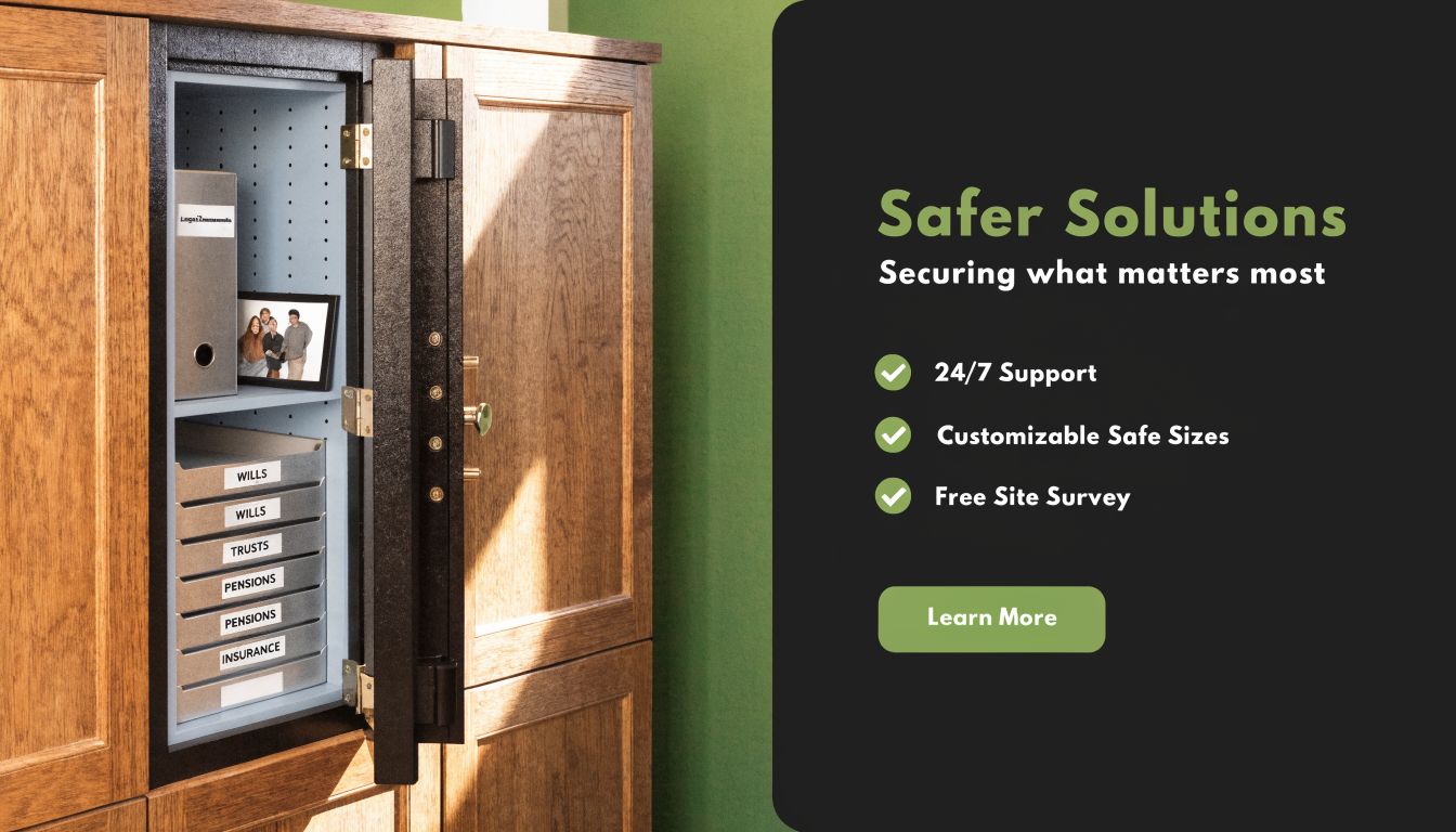 A wooden cabinet with an open integrated wall safe containing organized folders, photos, and legal documents.