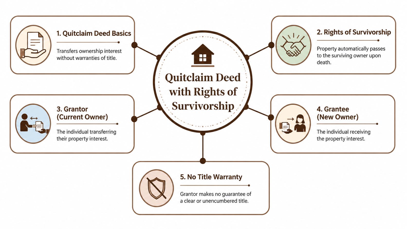 A diagram explaining the components of a quitclaim deed with rights of survivorship for property ownership.