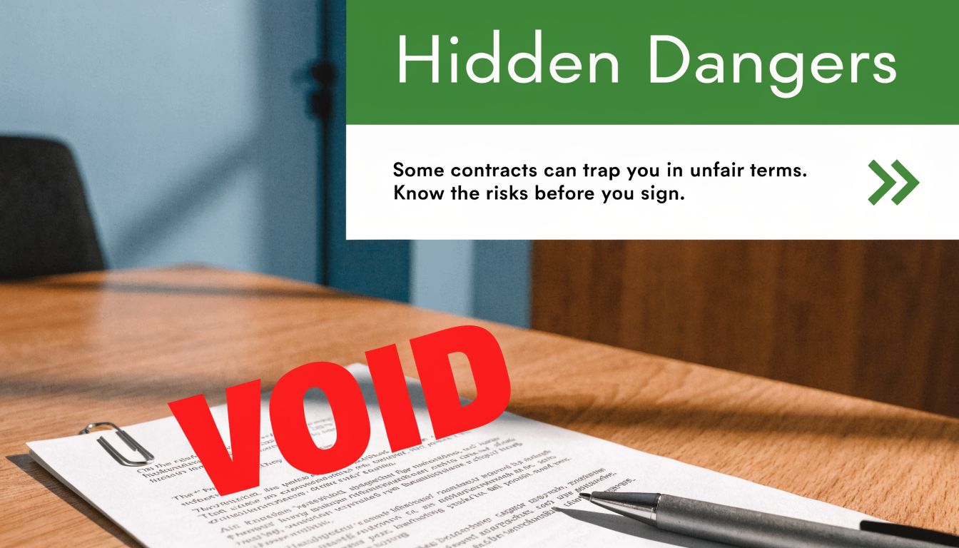A document marked as void on a wooden desk next to a pen, symbolizing dangerous legal contracts.