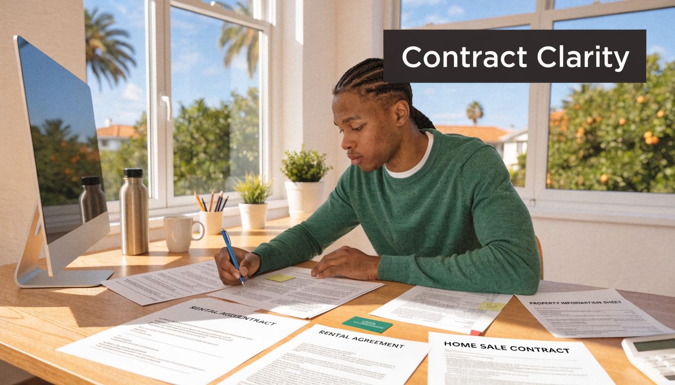 A young man sitting at a desk and reviewing various real estate documents and contracts.