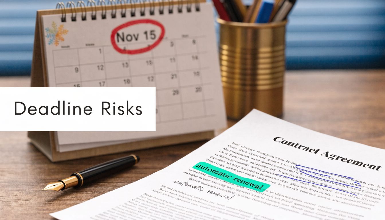 A contract agreement on a desk with a highlighted automatic renewal clause and a calendar showing November 15.