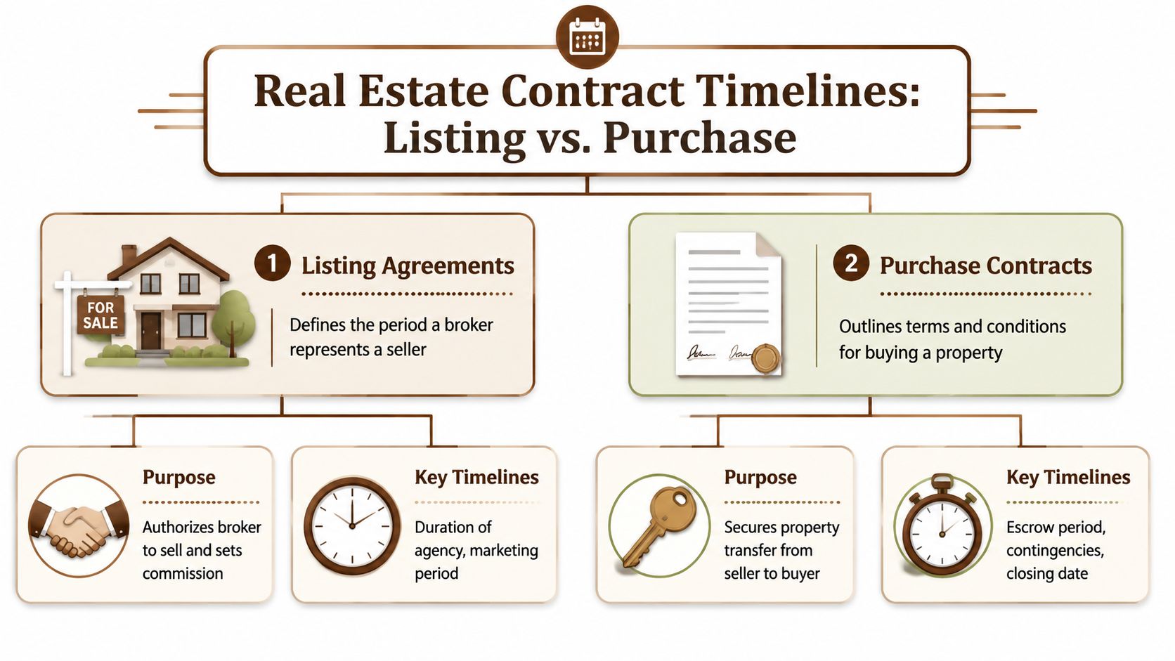 An infographic comparing the differences between listing agreements and purchase contracts in real estate transactions.