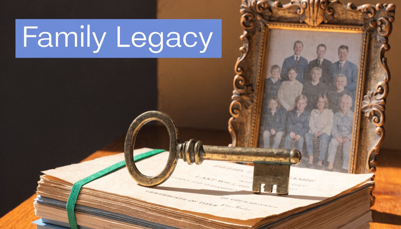 A vintage skeleton key placed on legal documents next to an antique framed family portrait photo.