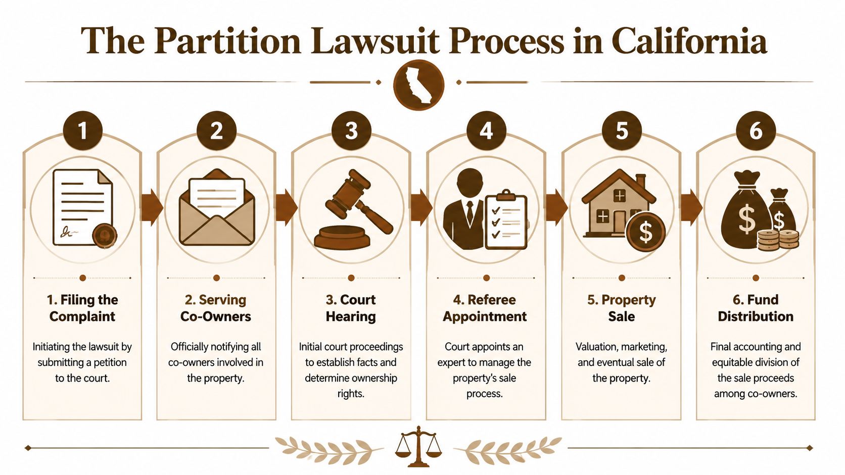 A six-step infographic illustrating the legal process for a partition lawsuit involving property in California.