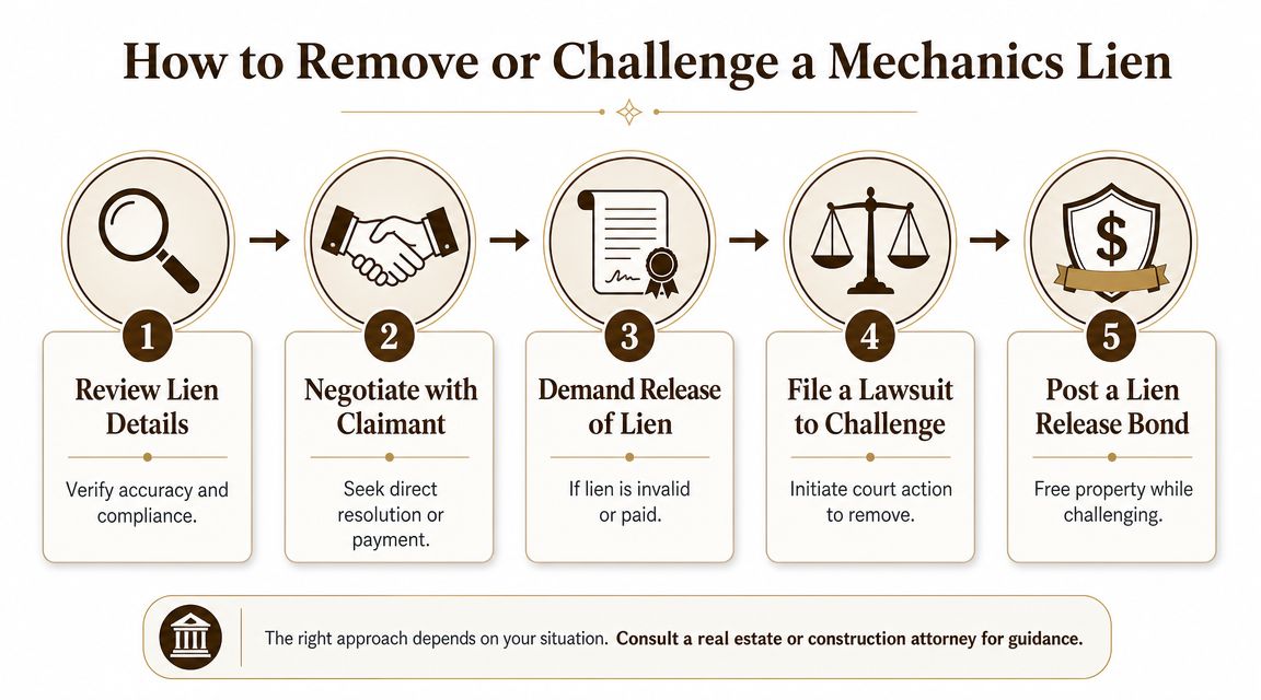 A five-step infographic showing how to remove or challenge a mechanics lien on a property.
