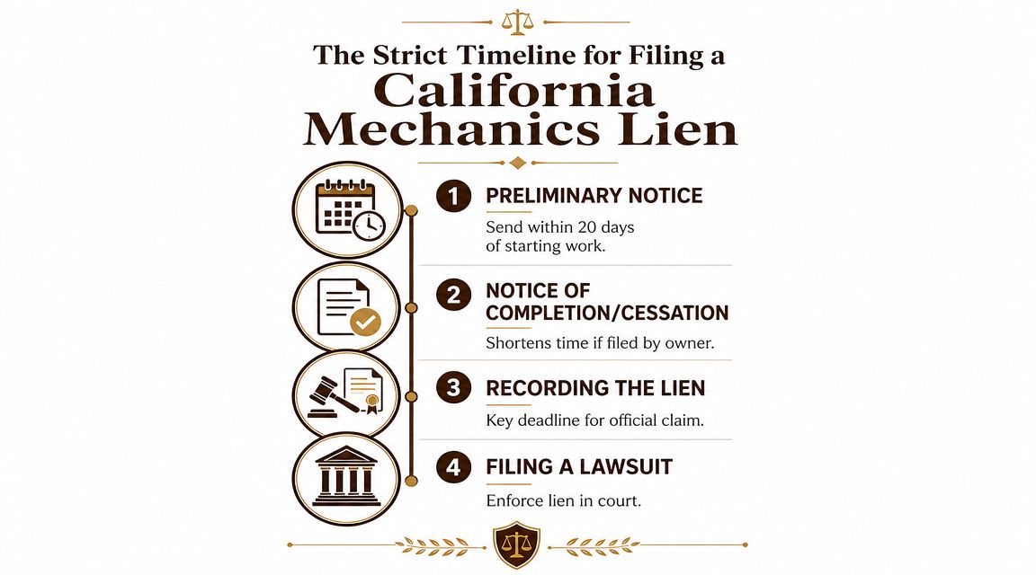A timeline infographic outlining the four steps for filing a California mechanics lien on property.