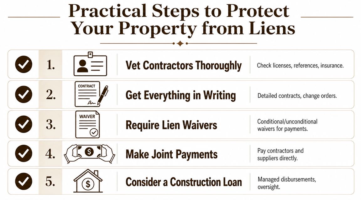 An infographic titled Practical Steps to Protect Your Property from Liens listing five essential tips for homeowners.
