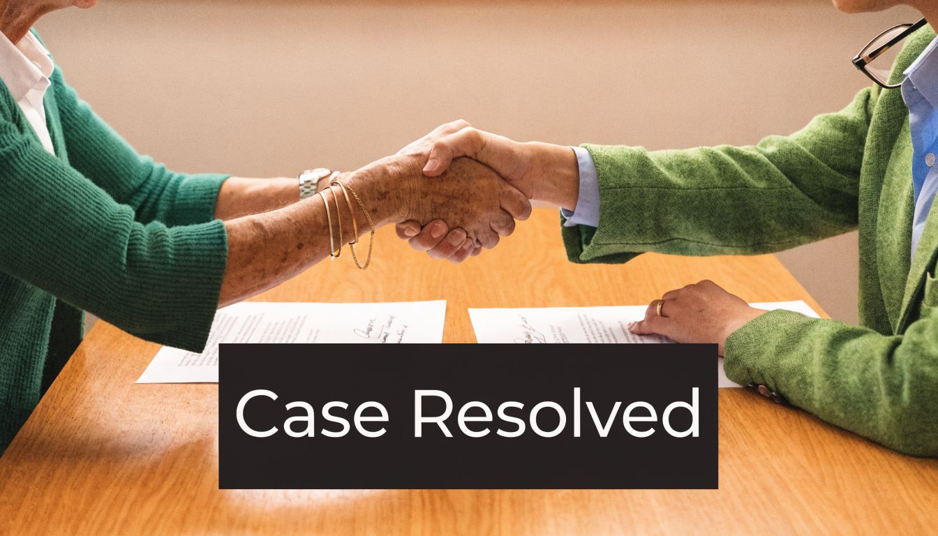 Two people shake hands over signed legal documents at a wooden table, symbolizing a successful legal resolution.