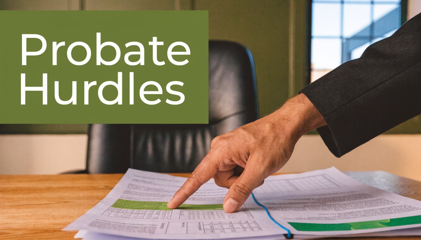 A professional in a suit reviewing legal probate documents on a desk with a serious focus.