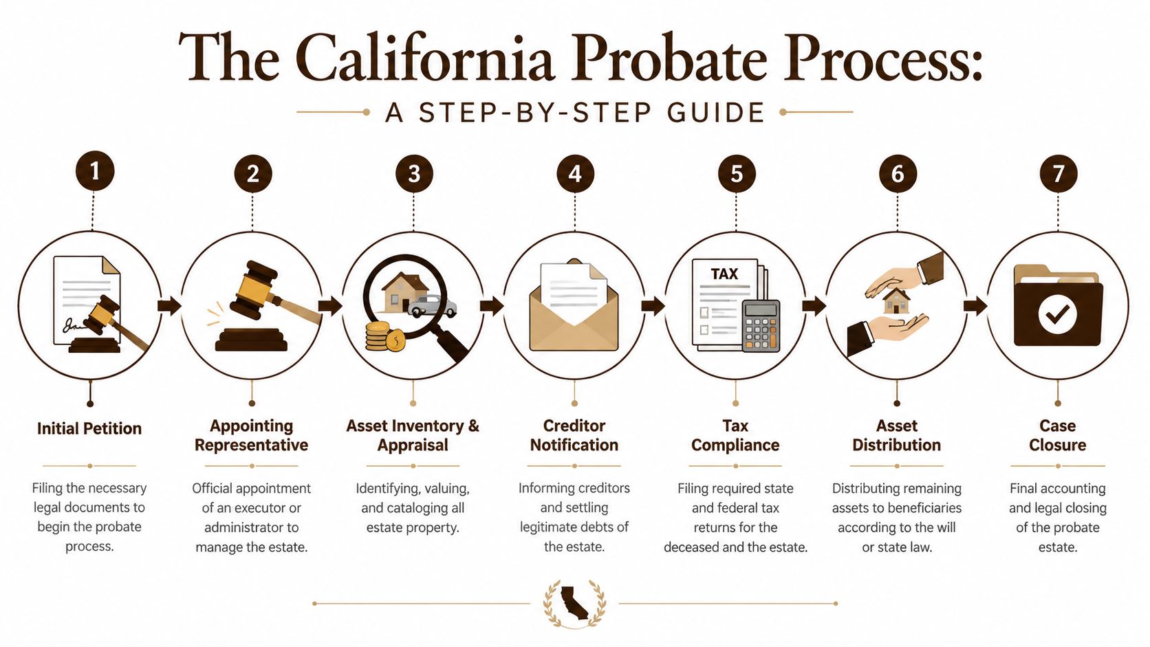 An infographic showing the seven steps of the California probate process from initial petition to case closure.