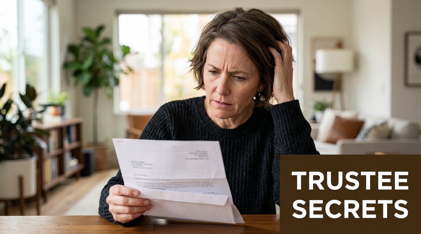 A concerned woman looks confused while reading a document related to trust and inheritance matters.