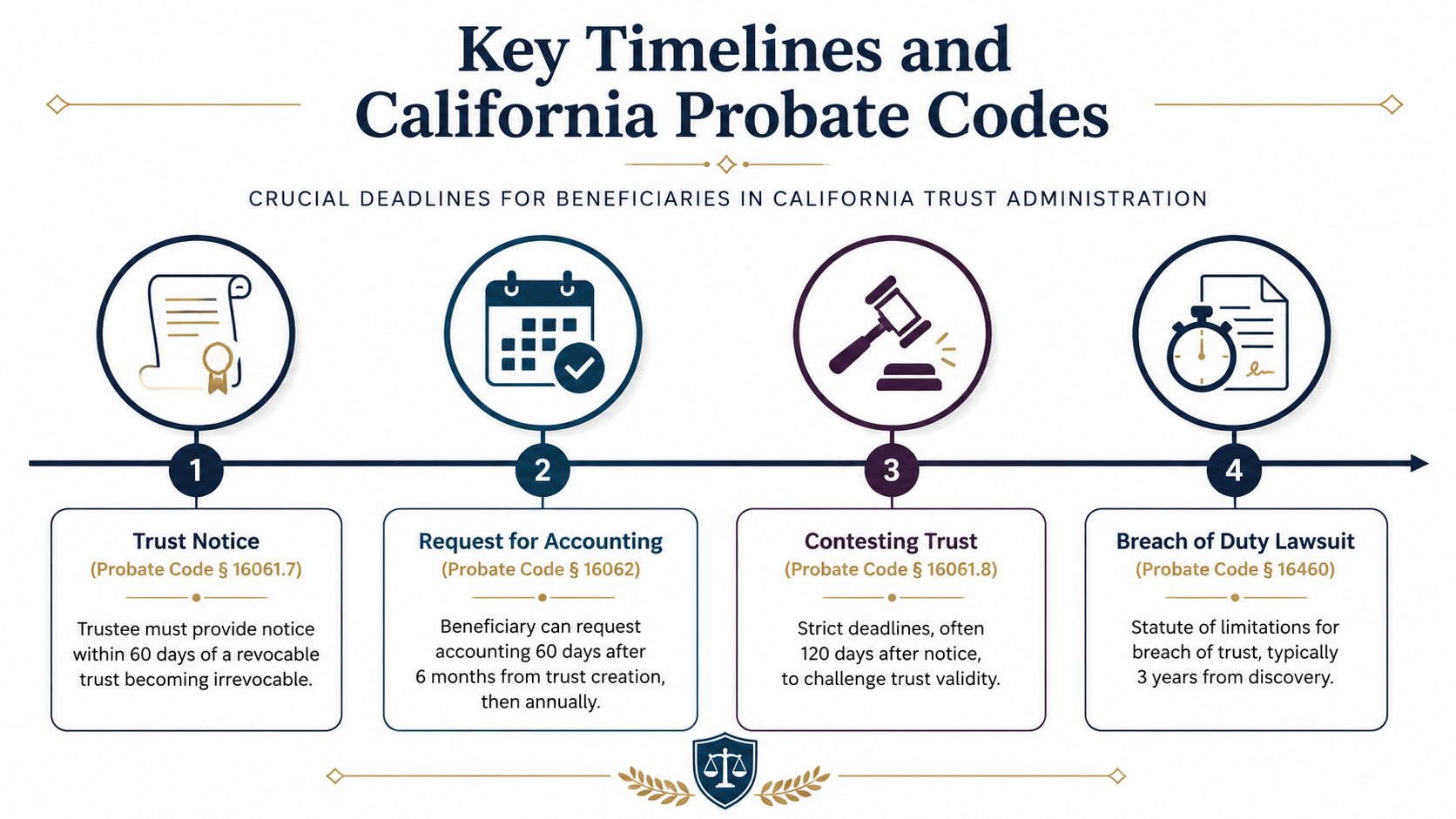 An infographic showing four key legal timelines and California Probate Codes for trust beneficiaries.
