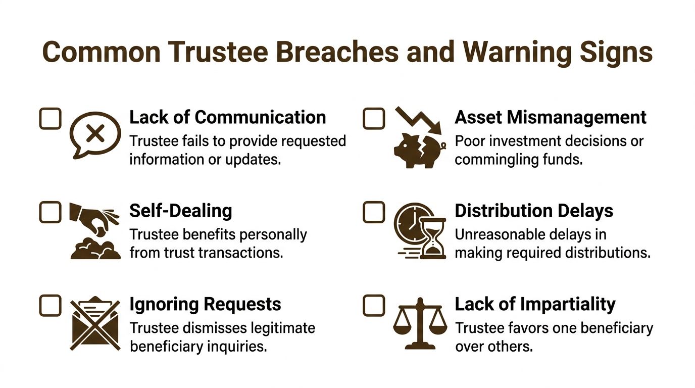 A graphic listing common trustee breaches and warning signs for beneficiaries of a trust.