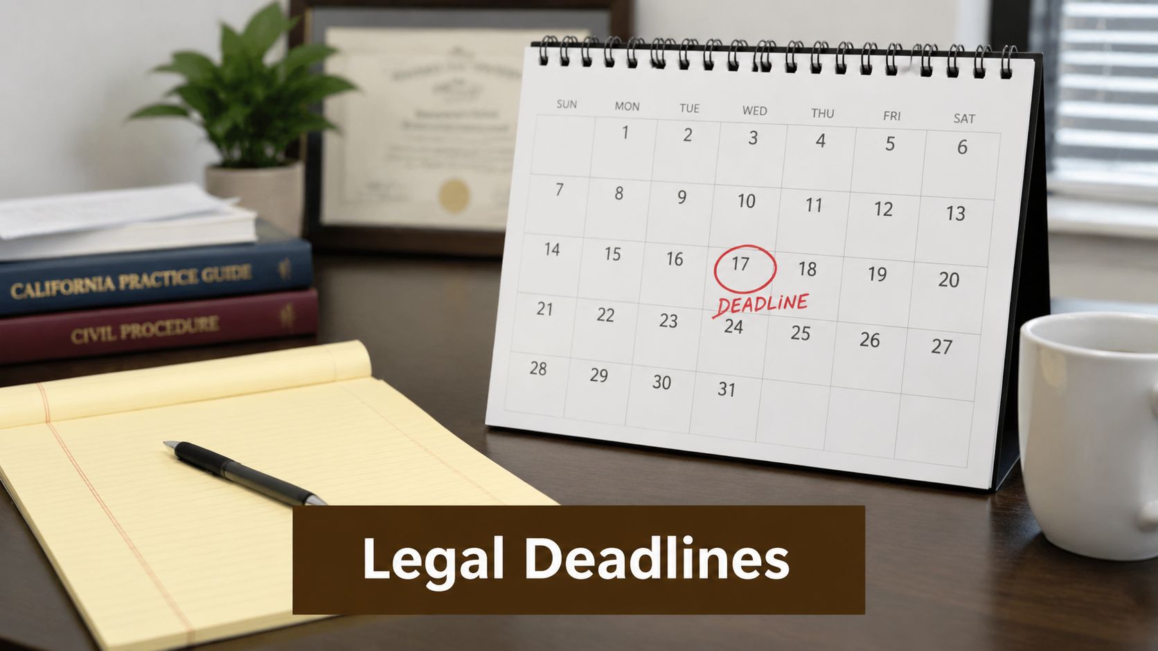 A desk with a calendar showing a circled deadline date, a notebook, and legal reference books.