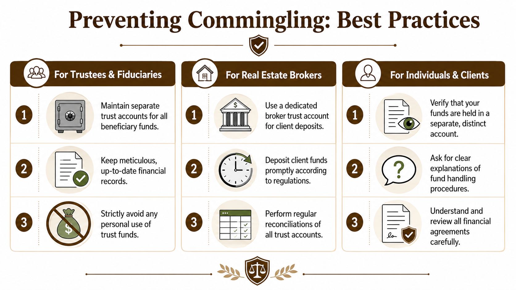 An infographic detailing best practices to prevent the illegal commingling of funds for trustees, real estate brokers, and clients.