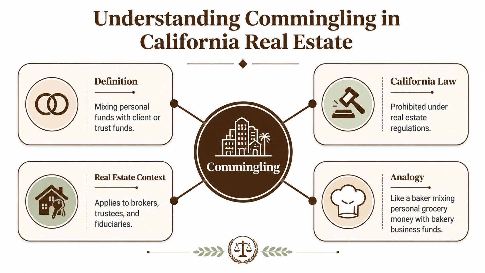An infographic titled Understanding Commingling in California Real Estate explaining its definition, legal status, and context.