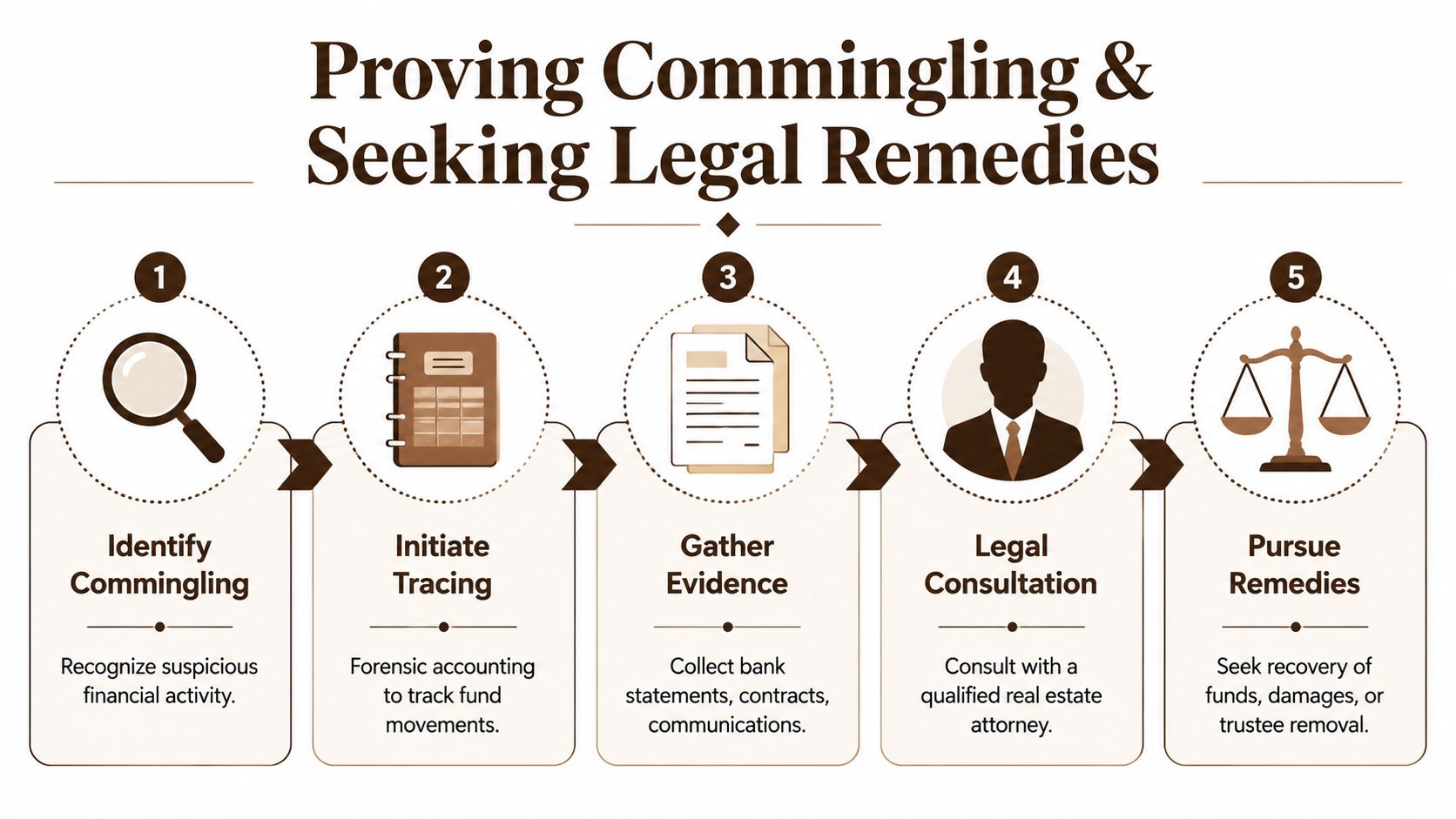 A five-step infographic showing the legal process for identifying, tracing, and resolving commingling of funds.