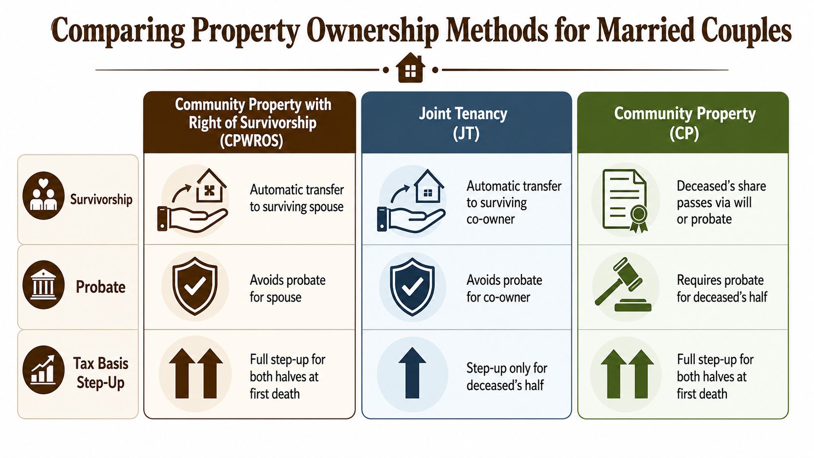 A comparison chart outlining property ownership methods for married couples, including CPWROS, joint tenancy, and community property.