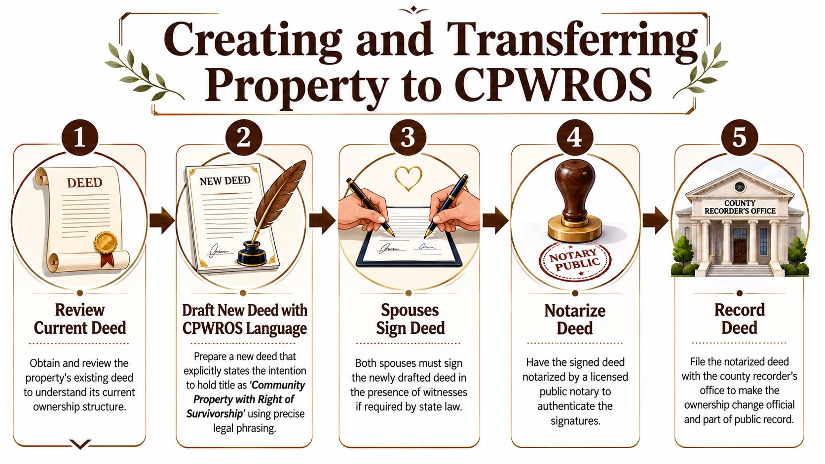 A five-step infographic showing how to create and transfer property to Community Property with Right of Survivorship.