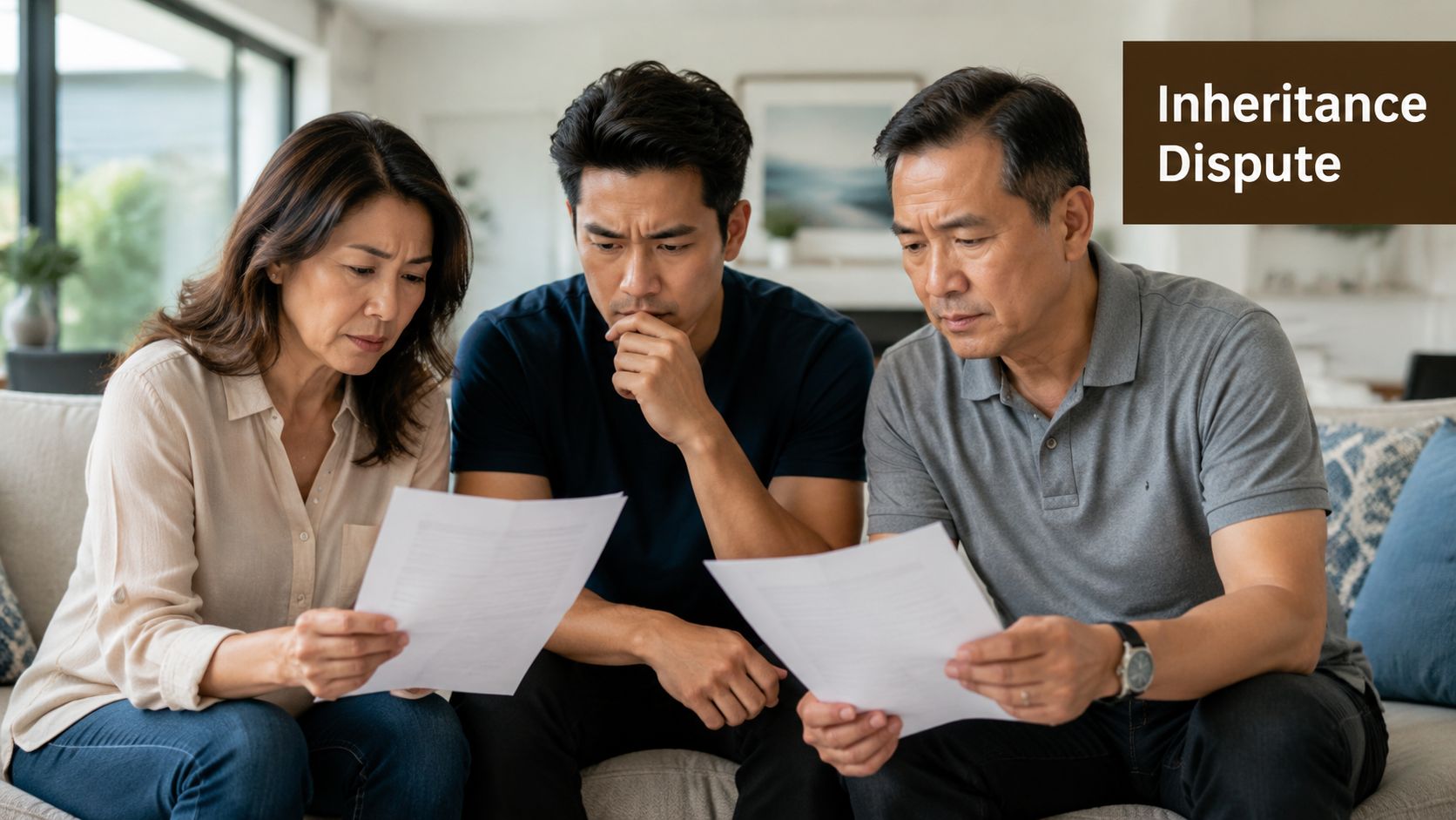 An Asian family sits on a sofa together, looking concerned while reviewing legal inheritance documents.