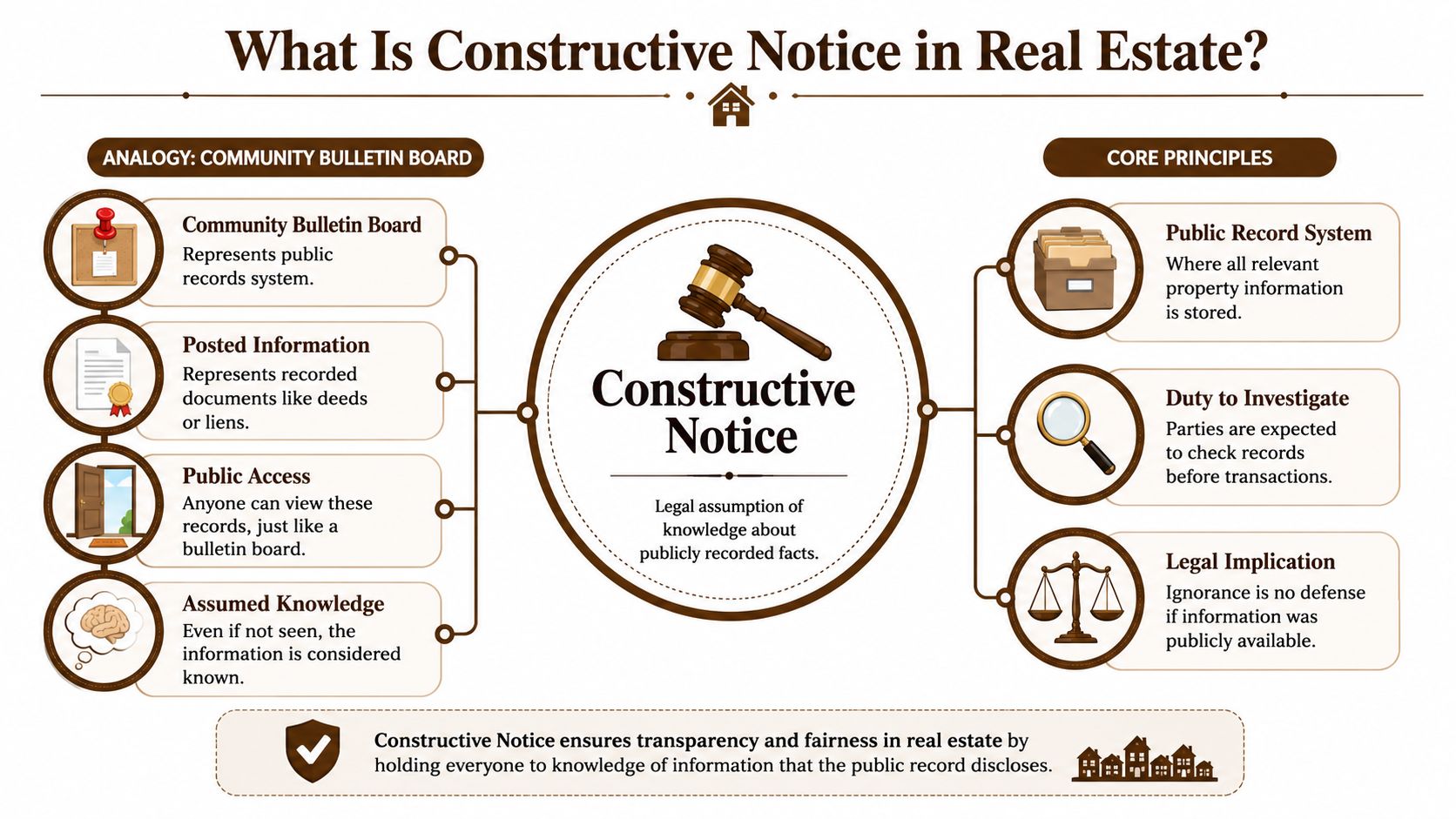 An infographic explaining constructive notice in real estate through a community bulletin board analogy and legal principles.