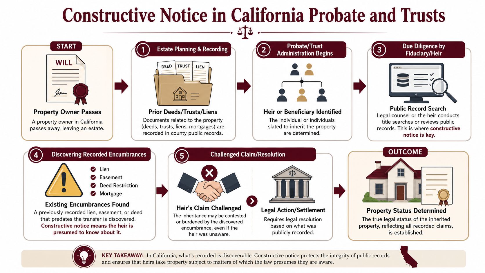 A diagram illustrating the constructive notice process in California probate and trust real estate administration.
