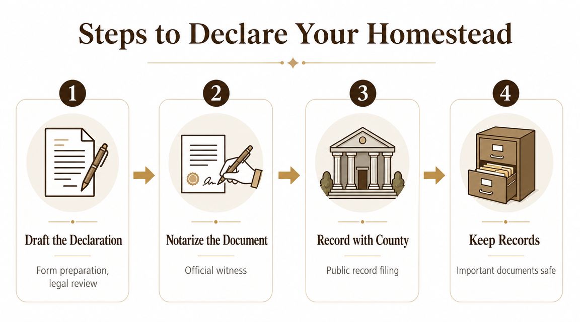 A four-step infographic illustrating the process of declaring a homestead, from drafting documents to keeping records.