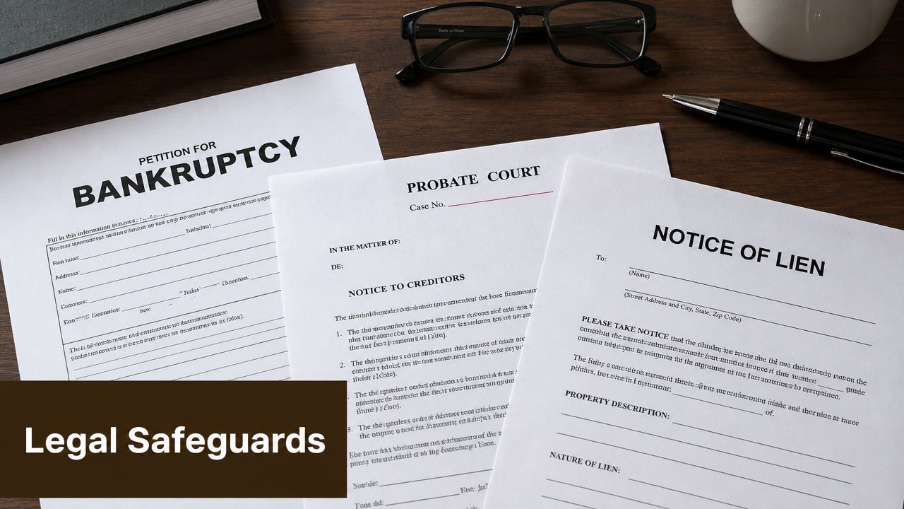 Legal documents including a bankruptcy petition, probate court notice, and notice of lien on a desk.