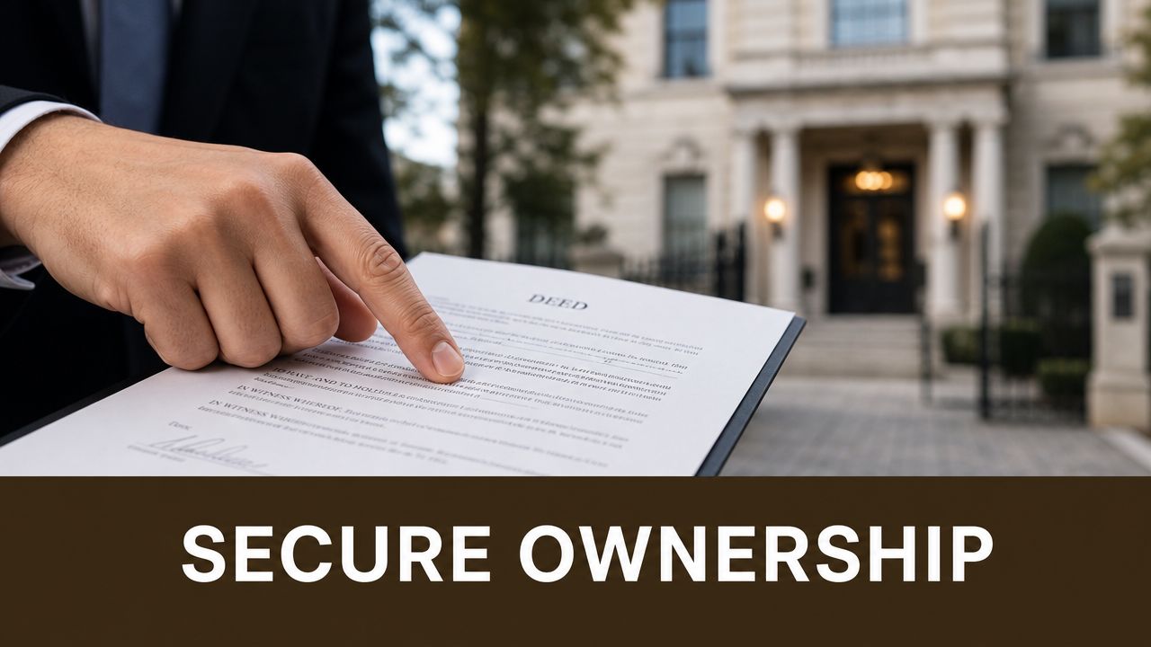 A professional in a suit pointing to a legal property deed document with a house background.