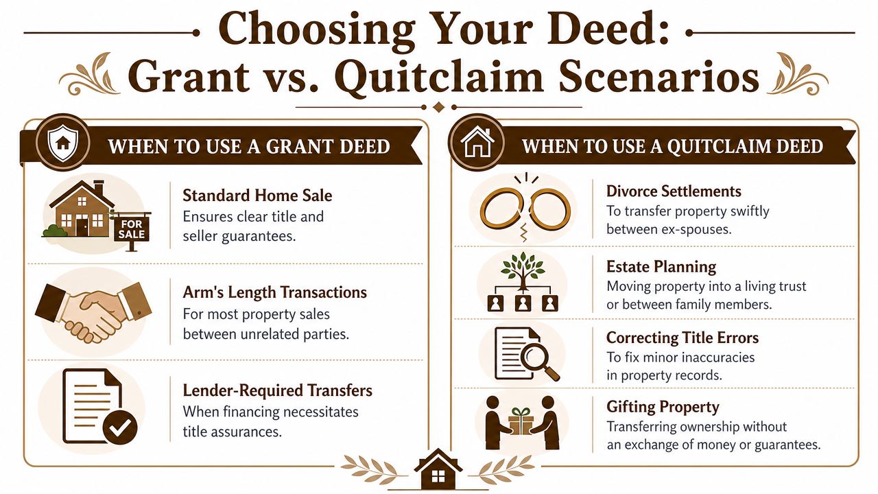 An infographic comparing when to use a grant deed versus a quitclaim deed for property transfers.