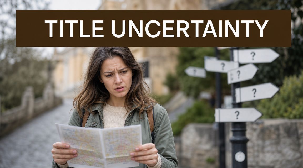 A confused woman holding a map, standing near a signpost with multiple question marks pointing in different directions.