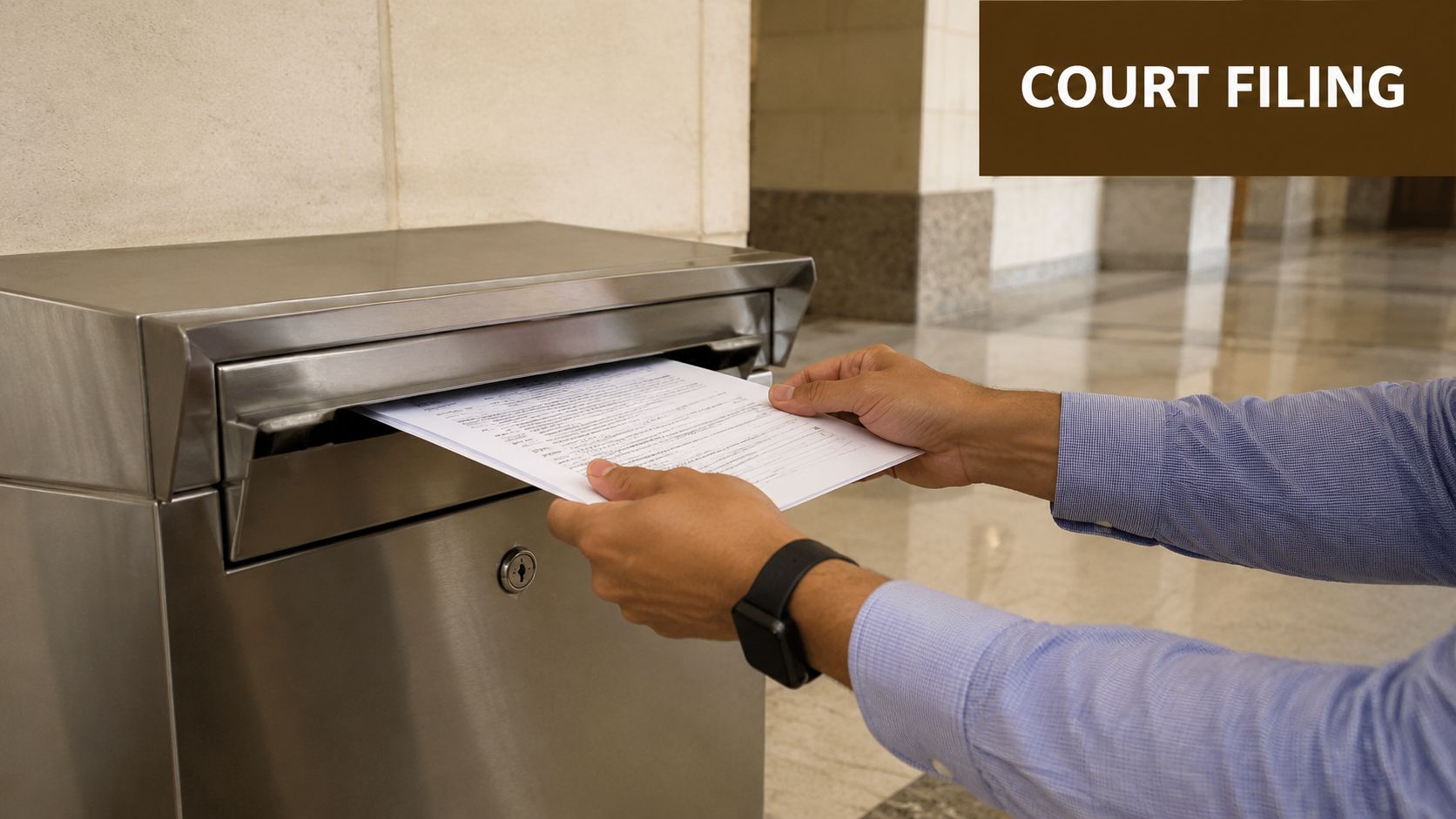 A person in a blue shirt inserting legal documents into a metal court filing drop box.