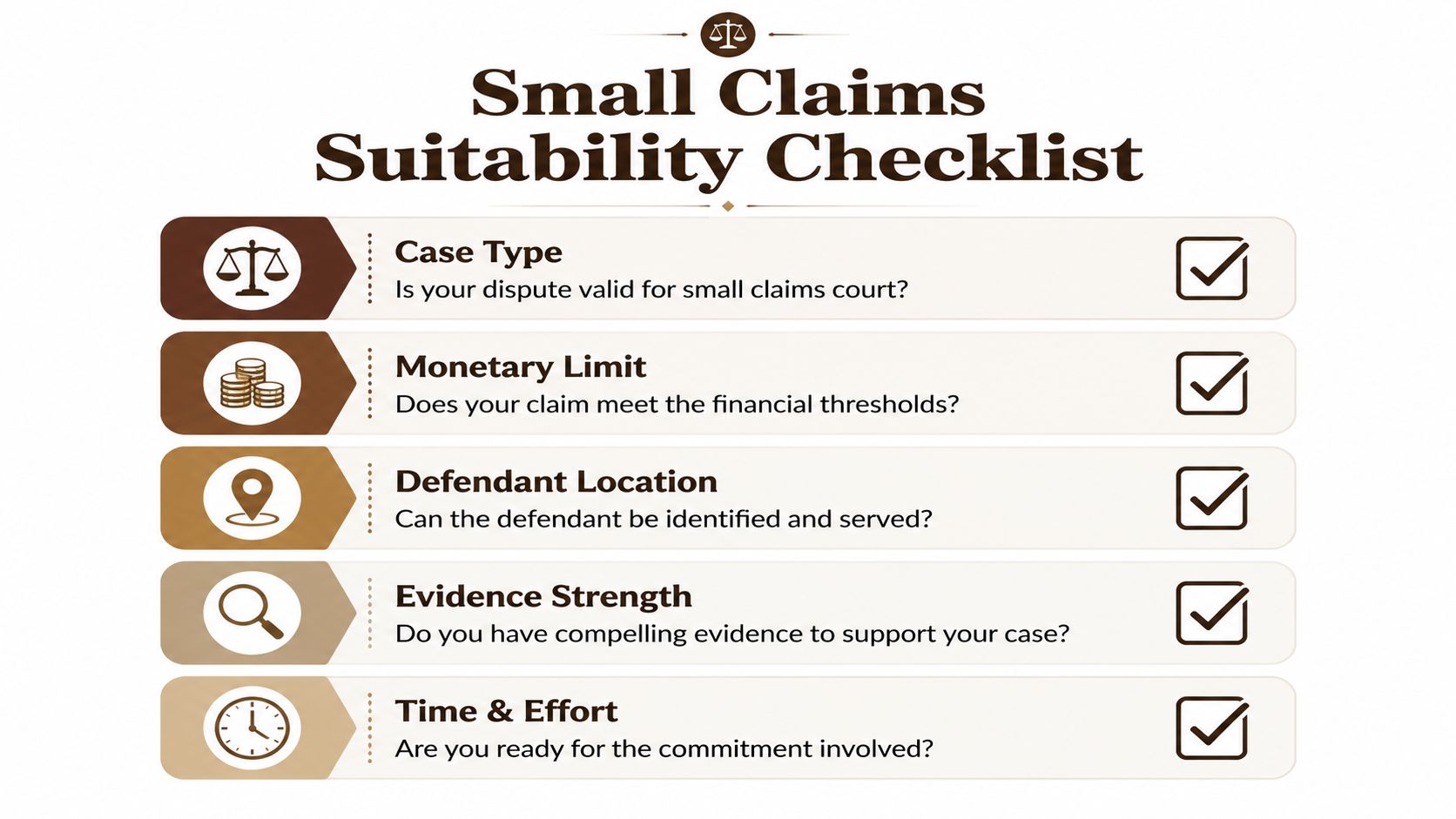 A checklist graphic titled Small Claims Suitability Checklist, listing five essential criteria with checkmarks for court readiness.