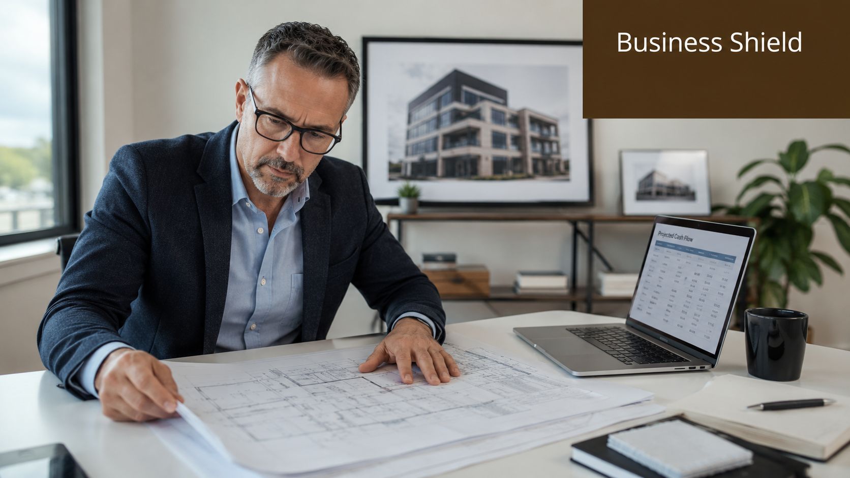 A professional man in a business suit reviewing architectural blueprints on his office desk with a laptop.