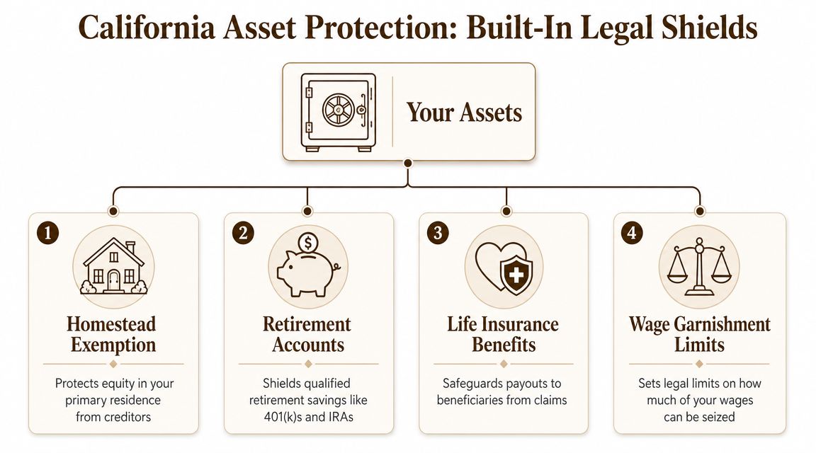 A diagram outlining four key built-in legal methods for protecting personal assets from creditors in California.