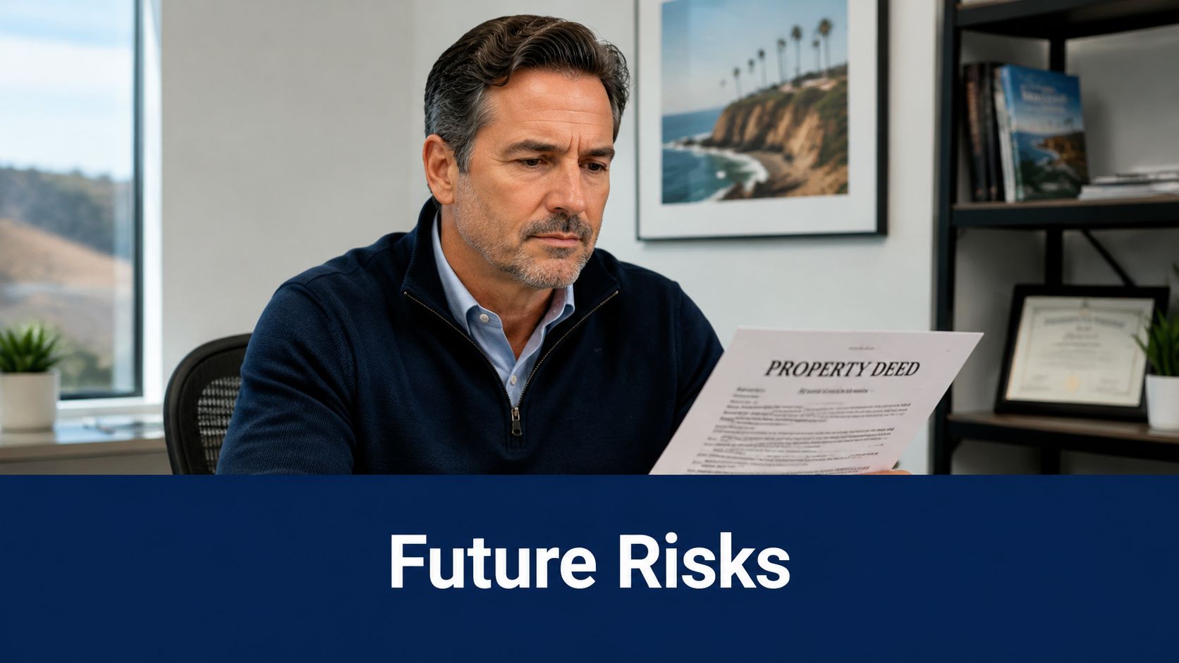 A middle-aged man in a professional setting examining a property deed document with a serious expression.